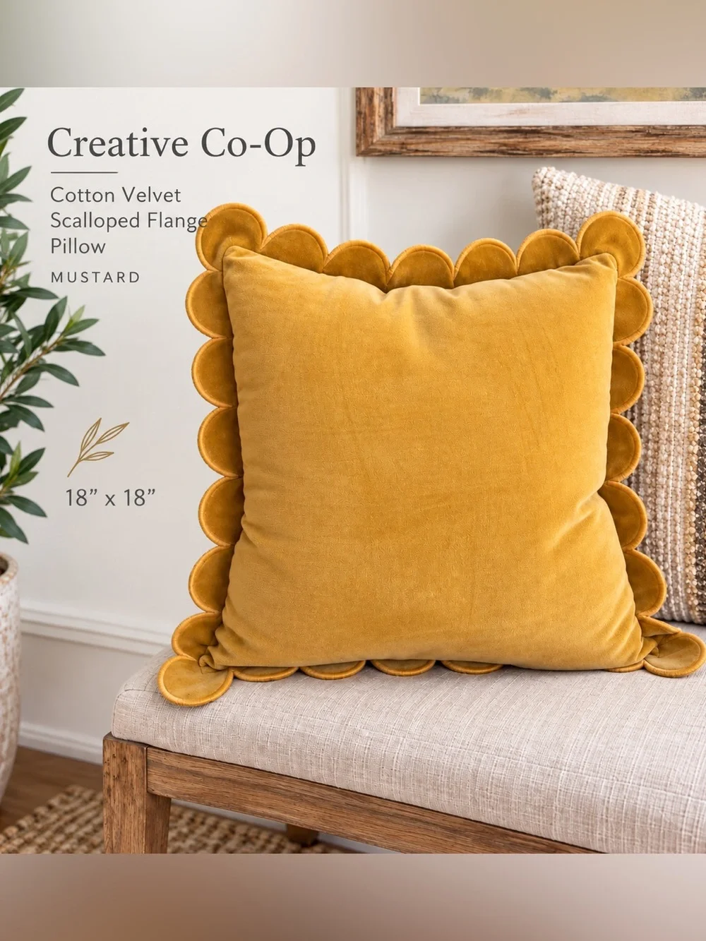 Creative Co-Op Mustard Cotton Velvet Scalloped Flange Throw Pillow 18”NWT